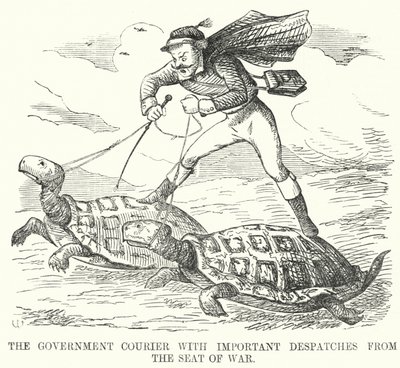Caricatura de Punch: El Mensajero del Gobierno con Despachos Importantes desde el Frente de Guerra de English School