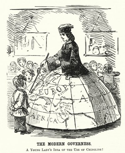Caricatura de Punch: La Institutriz Moderna - una amplia falda de aro que sirve como ayuda para la enseñanza de geografía de English School