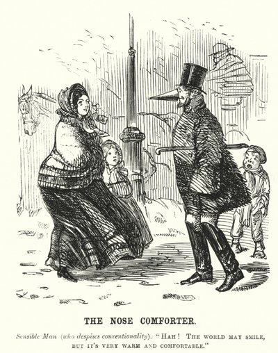 Caricatura de Punch: El Calentador de Nariz - hombre protegiendo su nariz contra el frío de English School