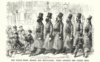 Caricatura de Punch: La Policía Lleva Barbas y Bigotes. Pánico entre los Chicos de la Calle de English School
