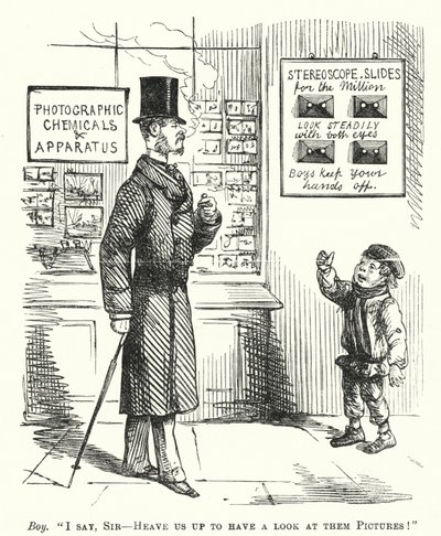 Caricatura de Punch: niño fuera de una tienda de fotografía pidiendo ser levantado para poder ver diapositivas estereoscópicas de English School