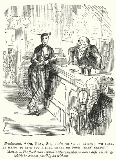 Caricatura de Punch: estudiante universitario de primer año negociando con un comerciante (grabado) de English School