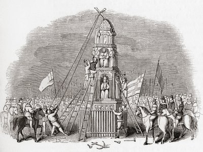 Puritanos destruyendo la Cruz de Cheapside alias Eleanor Cross, Londres, Inglaterra en 1643, de Old England: A Pictorial Museum, pub. 1847 de English School