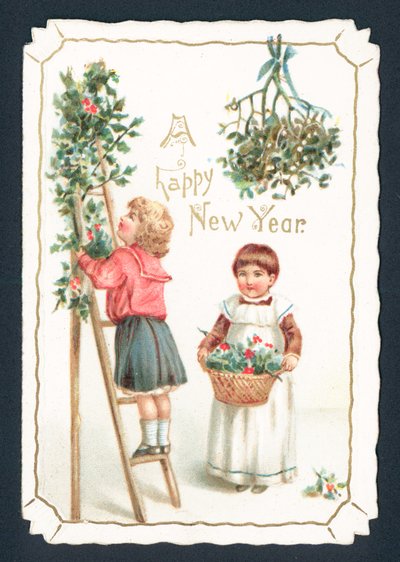 Poniendo decoraciones, tarjeta de Año Nuevo de English School
