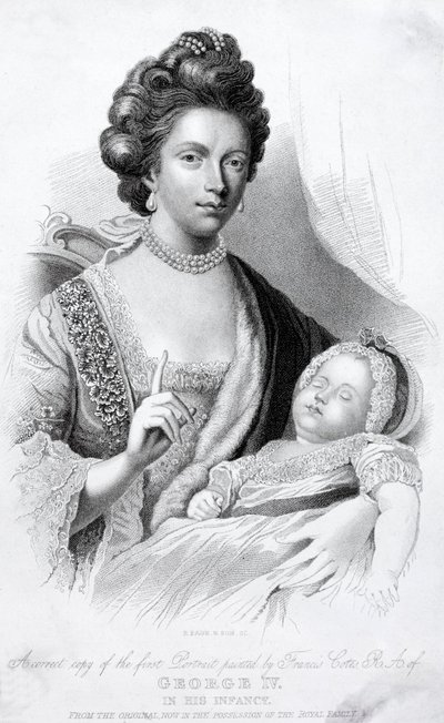 Reina Carlota, consorte del rey Jorge III, con su hijo bebé, el futuro príncipe regente y rey Jorge IV de English School