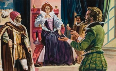 La reina Isabel I (1533-1603) y Sir Francis Drake (1540-96) (gouache sobre papel) de English School