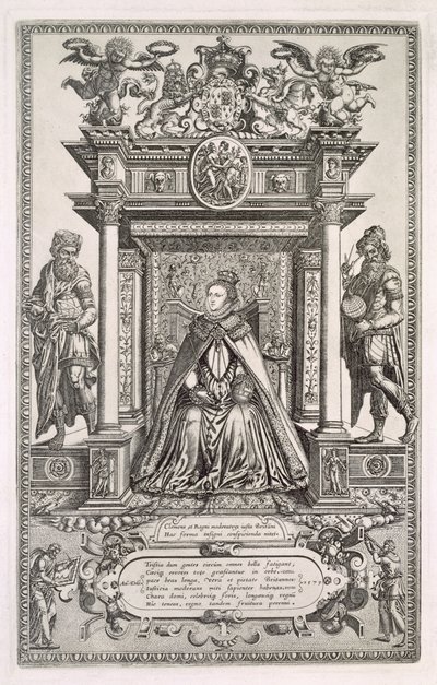 La Reina Isabel I (1533-1603) como Patrona de la Geografía y la Astronomía, Frontispicio de un libro de Mapas Sajones de Inglaterra, 1579 de English School