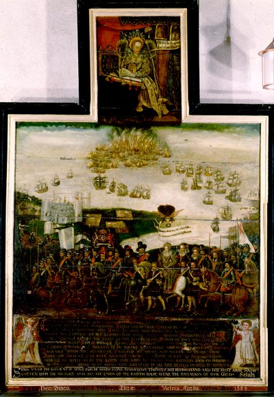 La reina Isabel I llegando a Tilbury y la derrota inglesa de la Armada Española de 1588 de English School