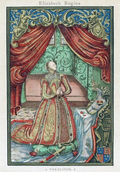La reina Isabel I en oración, frontispicio de "Oraciones cristianas de English School