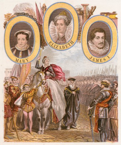 Discurso de la Reina Isabel I sobre la Armada (grabado en color) de English School