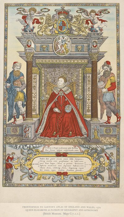 La reina Isabel como patrona de la geografía y la astronomía. Frontispicio del atlas de Inglaterra Gales de Saxton de 1579 (litografia en color) de English School