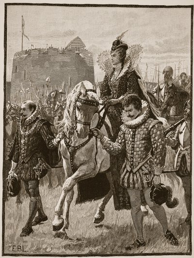 La reina Isabel en Tilbury, ilustración de la Historia Ilustrada de Inglaterra de Cassell de English School