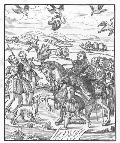 La reina Isabel cazando con halcones de English School