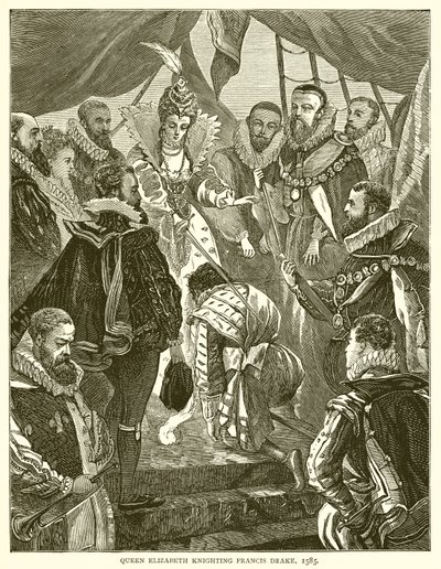 La reina Isabel nombrando caballero a Francis Drake, 1585 de English School