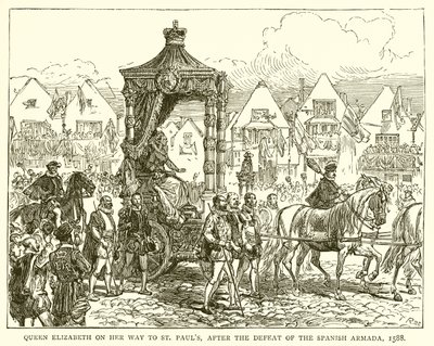 La Reina Isabel camino a San Pablo, después de la derrota de la Armada Española, 1588 de English School