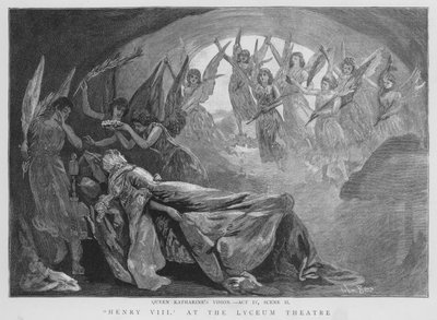 Visión de la Reina Catalina, escena de una producción de Enrique VIII de Shakespeare en el Teatro Lyceum, Londres de English School