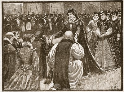 La reina María y los prisioneros de estado en la Torre, ilustración de la Historia Ilustrada de Inglaterra de Cassell de English School