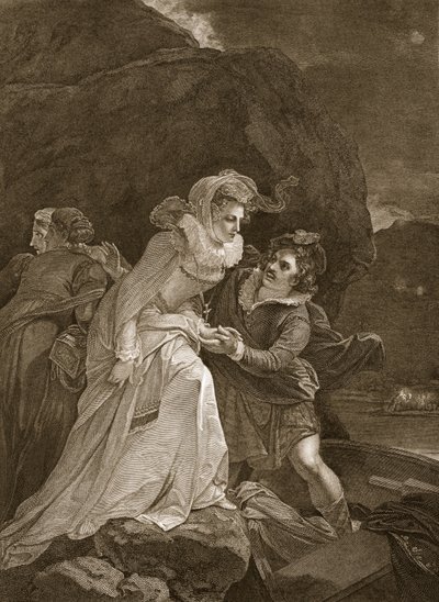 La reina María escapando del castillo de Loch Leven, ilustración de La Historia de Inglaterra de David Hume, pub. por R. Bowyer, Londres, 1812 de English School