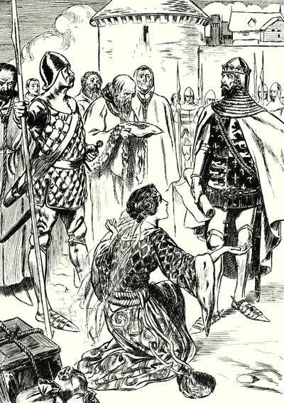 La reina Philippa suplica por los hombres de Calais (litografía) de English School