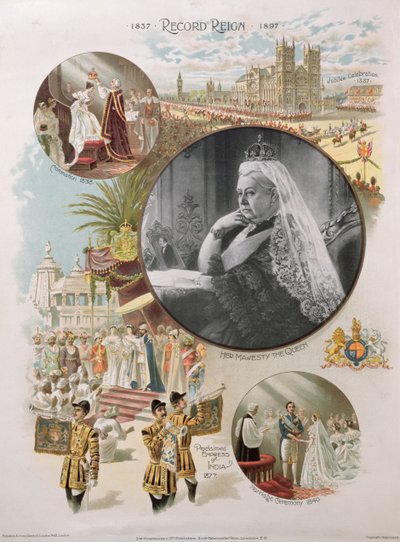 La Reina Victoria representada en el momento de su Jubileo de Diamante en 1897 junto con algunos de los principales eventos de su vida de English School