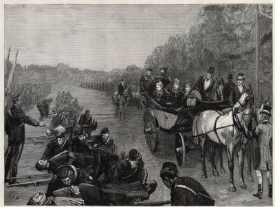 Reina Victoria - La inspección por Su Majestad la Reina del Cuerpo de Ambulancias del Coronel Seey en Windsor Park. Ilustración para The Graphic de English School