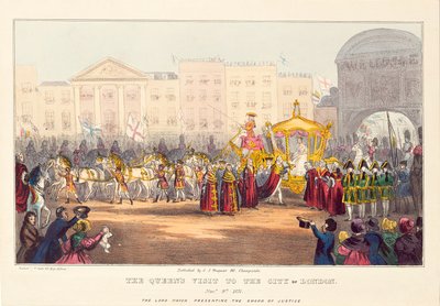 La Reina Victoria entrando en la Ciudad de Londres en Temple Bar, grabado por G. Tregear, 1837 de English School