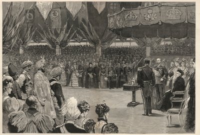 La Reina Victoria inaugurando el Instituto Imperial del Reino Unido, las Colonias y la India en Londres, mayo de 1893 de English School