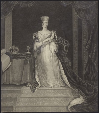 Reina Victoria sentada junto a las joyas de la corona de English School