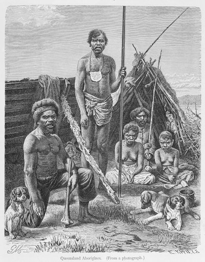 Aborígenes de Queensland, grabado de una fotografía por E. Krell, de 