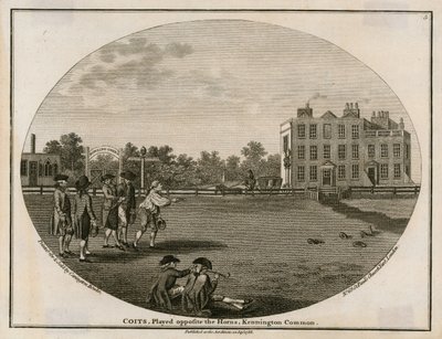 Juego de tejos en 1788, jugado frente a los Cuernos, Kennington Common de English School
