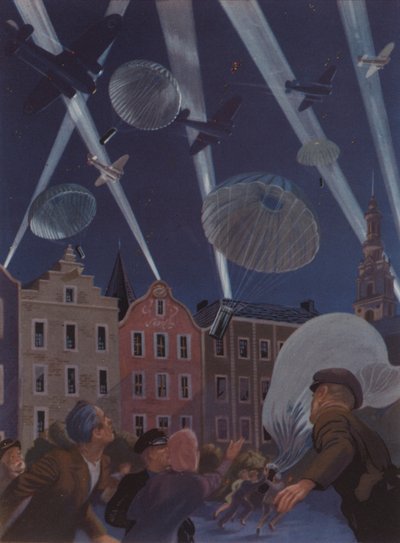 Aviones del Mando de Bombarderos de la RAF lanzando cigarrillos sobre los Países Bajos ocupados por Alemania para celebrar el cumpleaños de la reina Guillermina, II Guerra Mundial. de English School