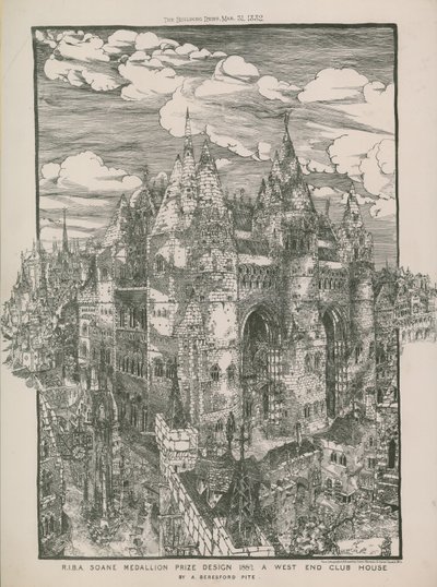 Diseño del premio Medallón Soane de RIBA 1882 - Un club de West End por A Beresford Pite de English School