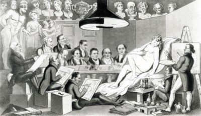 R. A.s de genio reflexionando sobre la verdadera línea de la belleza en la Academia de Vida de Somerset House, publicado por Sherwood, Jones & Co., 1824 de English School