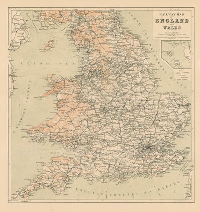 Mapa ferroviario de Inglaterra y Gales (litografía) de English School