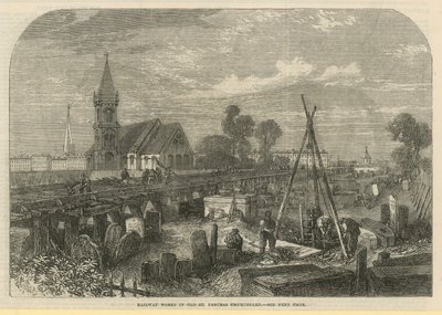 Obras ferroviarias en el cementerio de Old St Pancras (grabado) de English School