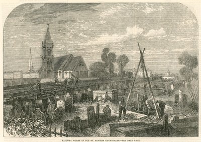 Trabajos ferroviarios en el cementerio de la Antigua Iglesia de St Pancras, Londres de English School