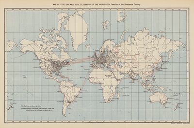 Ferrocarriles y telégrafos del mundo, la creación del siglo XIX (litografía en color) de English School