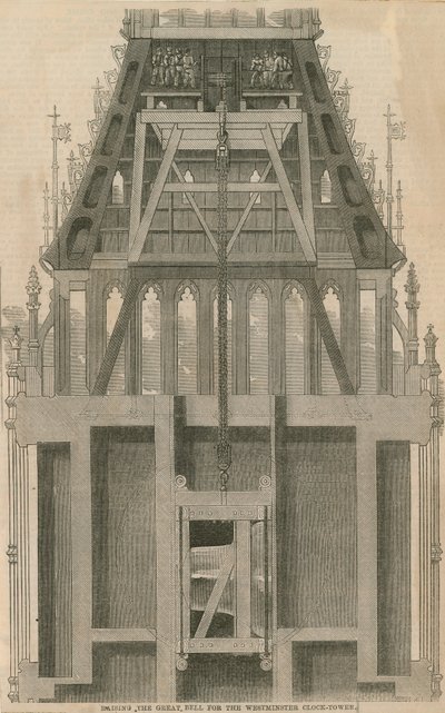 Levantando la gran campana para la Torre del Reloj de Westminster, Londres de English School