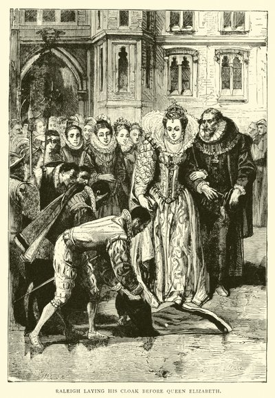 Raleigh colocando su capa ante la reina Isabel de English School