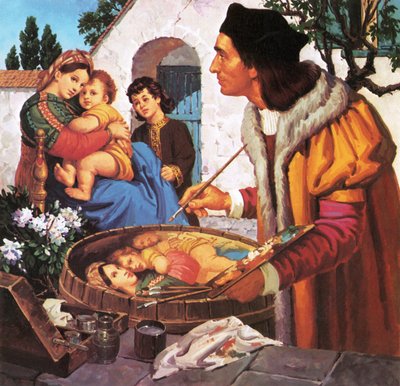Rafael pintando a la Virgen y el Niño en la parte superior de un barril de vino de English School
