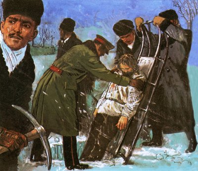 El cuerpo de Rasputín siendo bajado a través de un agujero cortado en el hielo de English School