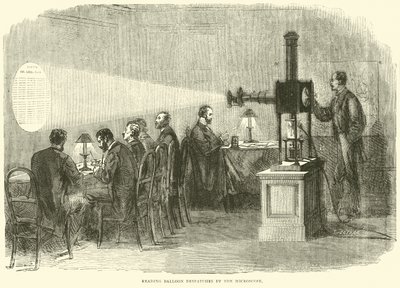 Leyendo despachos de globos con el microscopio, octubre de 1870 de English School