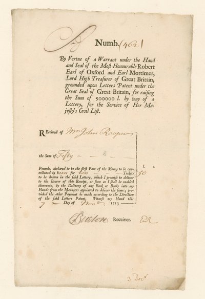 Recibo de la Lotería Civil de 1713 de English School