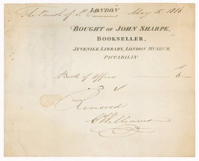 Recibo de John Sharpe, Librero, Biblioteca Juvenil, Museo de Londres, Piccadilly, Londres de English School
