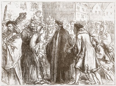 Recepción de Juan Huss en Nuremberg, ilustración de La Historia del Protestantismo por James Aitken Wylie (1808-1890), pub. 1878 de English School