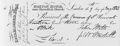 Recibo de pago recibido por el asilo de Sir Jonathan Miles en Hoxton House, 1832 de English School