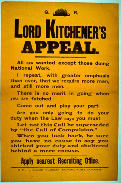 Póster de reclutamiento - Llamamiento de Lord Kitchener, 1914-18 de English School