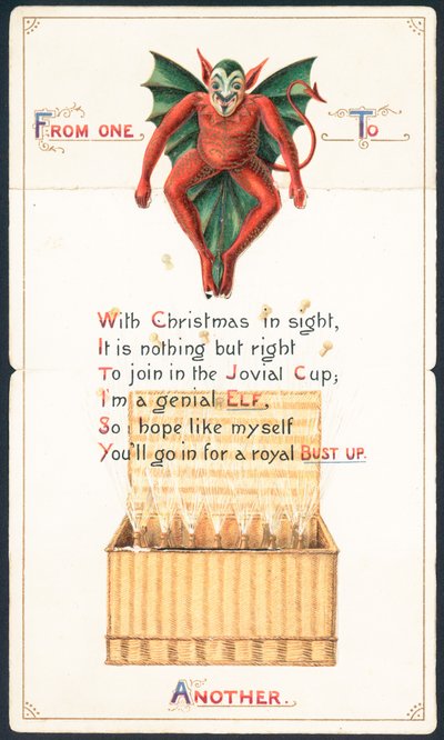 Diablo rojo y cesta de mimbre, tarjeta de Navidad de English School