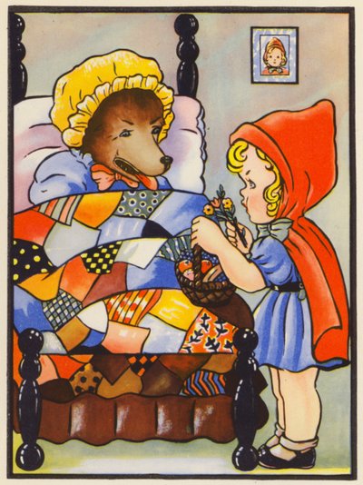 Caperucita Roja cree que el lobo es su abuela (litografía en color) de English School