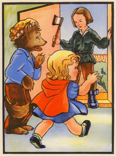 El padre de Caperucita Roja llega justo a tiempo (litografía en color) de English School